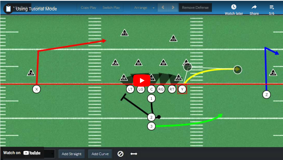 Animate your football plays using Tutorial Mode provided by our playbook designer.