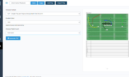 Make football playbooks that you can share with your team, as well as download in PDF for printing.