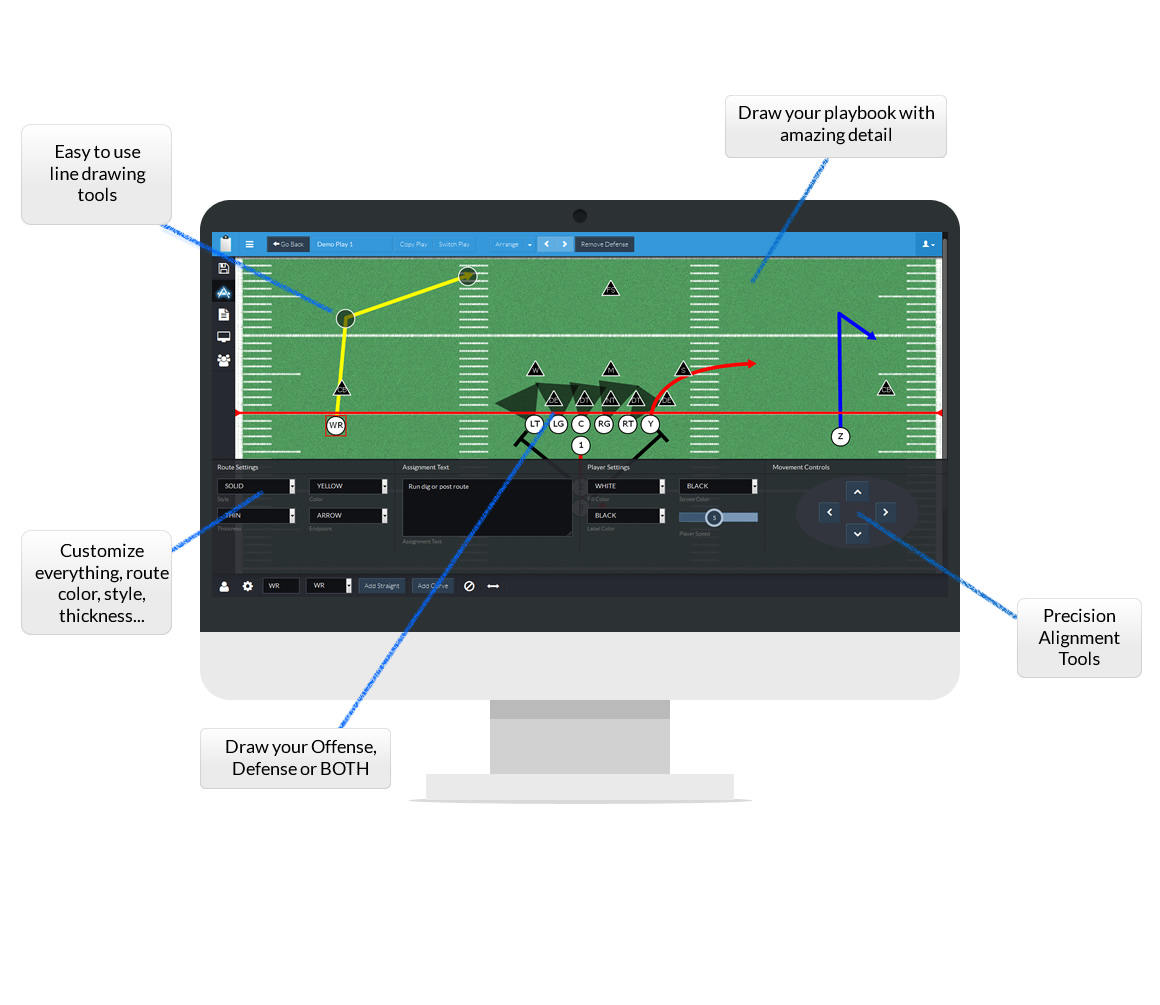 CoachYouths football play designer includes easy to use drawing tools, ability to customize your playbook and plays, both for offense or defense.